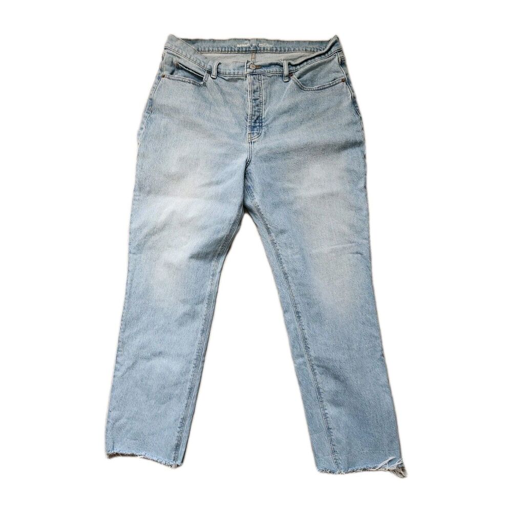 Old Navy High Rise Slouchy Straight Jeans Womens 14 Light Wash Raw Hem Denim EUC